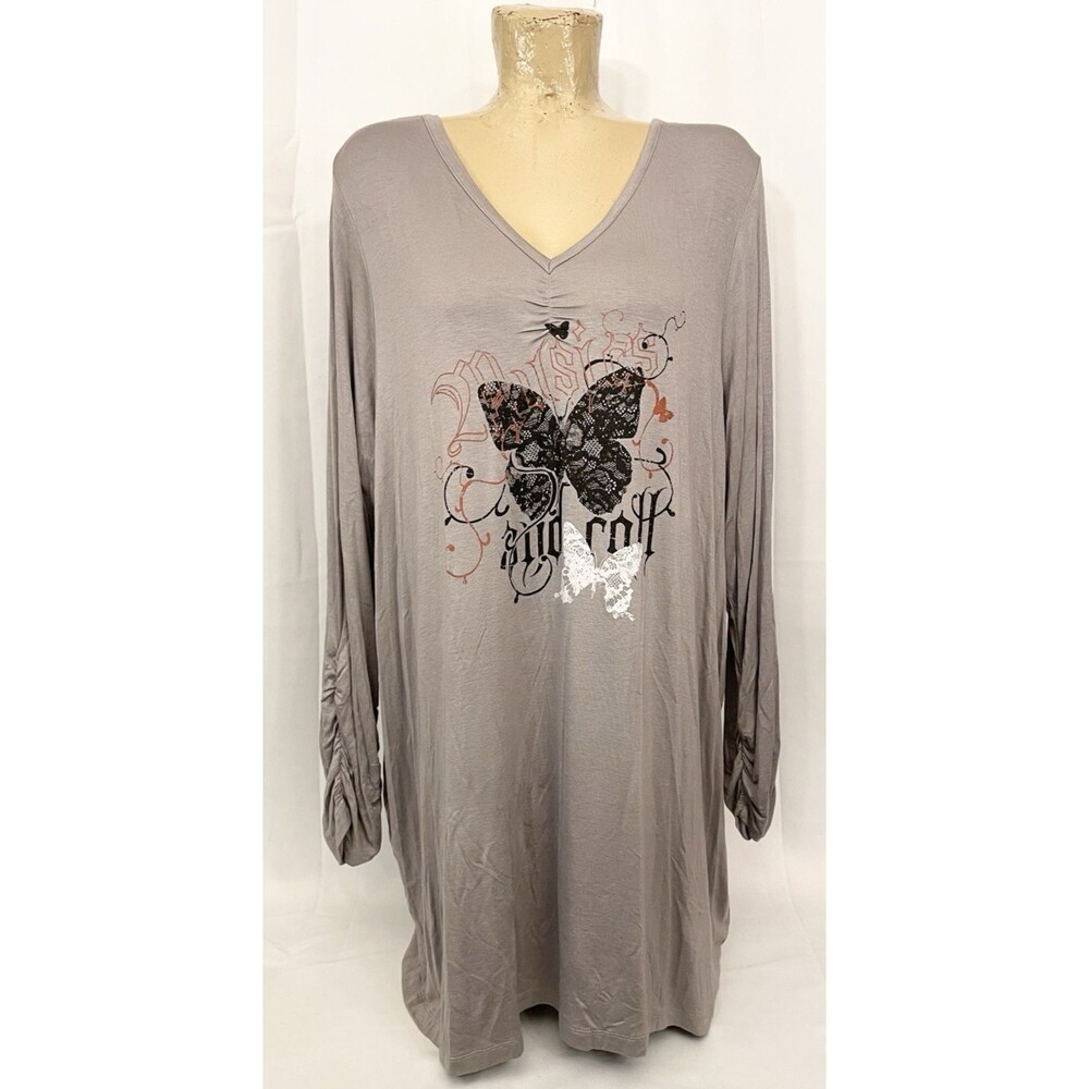 Tailissime Shirt Plus Size 1x 56” Long Sleeve V Neck BUTTERFLY Gray Black